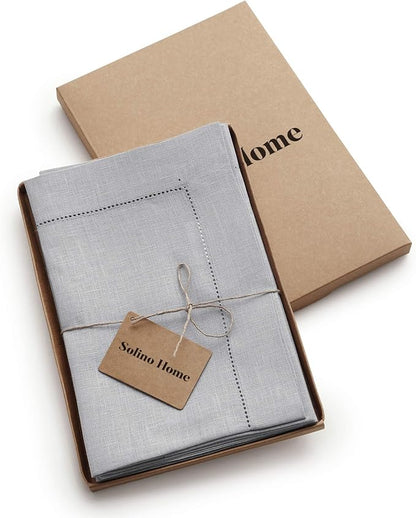 Solino Home Linen Napkins Set of 6 - Classic Hemstitch 100% Pure Linen Soft Grey Dinner Napkins Cloth 20 x 20 Inch for Fall, Autumn, Christmas, Winter, New Year - Handcrafted and Machine Washable