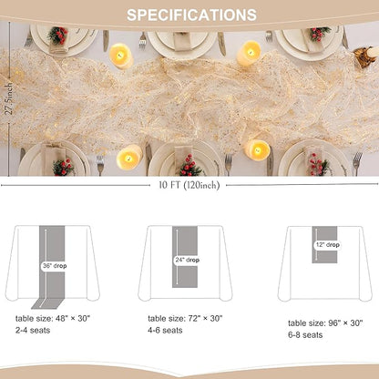 Snowkingdom 10 Pack 10ft Gold Table Runners, Sheer Chiffon Tulle Cheesecloth Sequin Glitter Metallic, Golden Centerpieces Table Decorations for Party Wedding Christmas Birthday Bridal Baby Shower