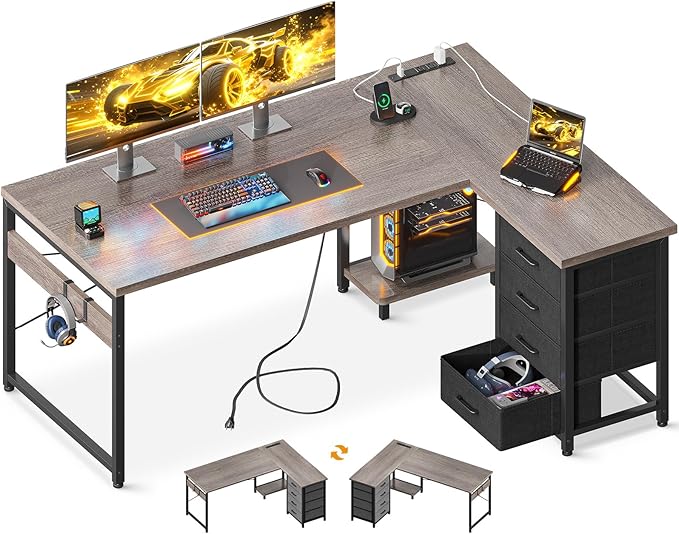 AODK L Shaped Gaming Desk with 4 Drawers, 53" Reversible Home Office Desks with Power Outlets, L Shaped Computer Desk with USB Charging Port and Host Stand, Corner Desk, Easy to Assemble, Grey