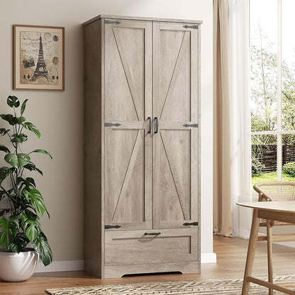 Vongrasig Kitchen Pantry Storage Cabinet with Barn Doors, Drawer and Adjustable Shelves, 4-Tier Tall Rustic Wood Cupboard Locker for Kitchen, Dining Room, Living Room, Bathroom, Rustic Grey