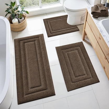 HOMEIDEAS Bathroom Rugs Sets 3 Piece, Microfiber Shaggy Bath Mat Set, Non-Slip Ultra Soft Carpet Mats, Large Rugs with U-Shaped Toilet for Bathroom, Tub, Shower, Brown