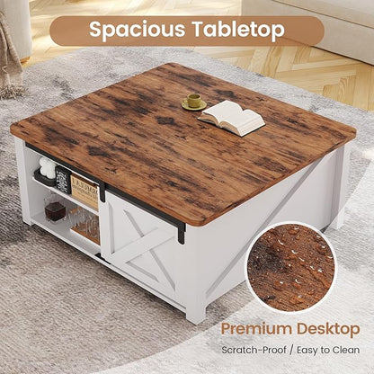 SEDETA 31.5" Lift Top Coffee Table with Storage, Square Coffee Tables for Living Room, Farmhouse Coffee Table with Large Hidden Storage Compartment and Adjustable Shelves, White