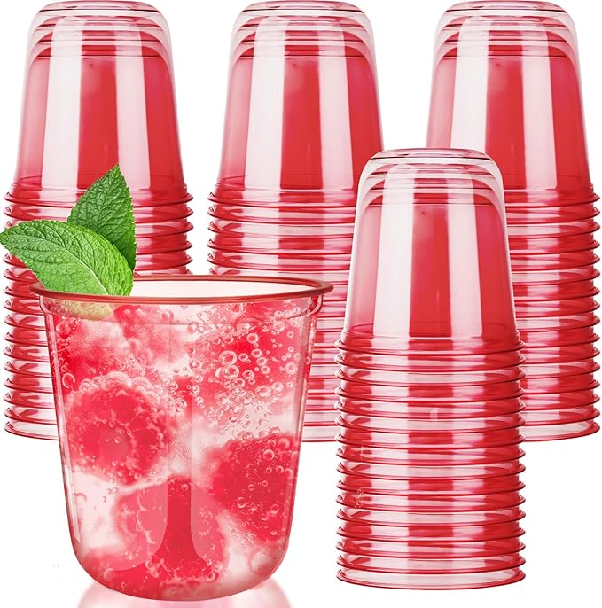 50pcs 12oz Disposable Stemless Glasses,PET Disposable Drinking Cups,Cold Party Clear Plastic Wine Glasses for Parties Birthday,Wedding,Meeting,Christmas Party Supplies. (Red)
