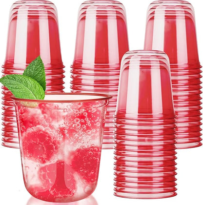 50pcs 12oz Disposable Stemless Glasses,PET Disposable Drinking Cups,Cold Party Clear Plastic Wine Glasses for Parties Birthday,Wedding,Meeting,Christmas Party Supplies. (Red)