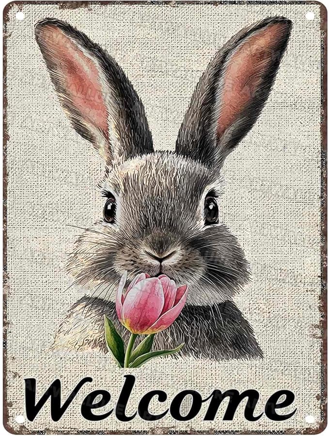 Easter Bunny Tin Sign Retro Tulips - Fun and Metal Sign for Homes Bedrooms Gardens Hallways Parties Spring Decorations 12x16Inch