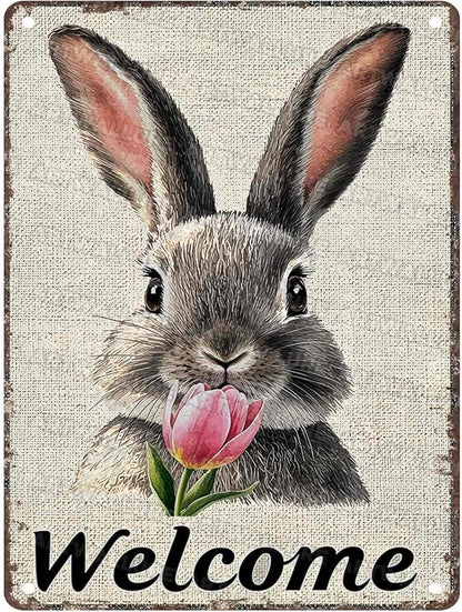 Easter Bunny Tin Sign Retro Tulips - Fun and Metal Sign for Homes Bedrooms Gardens Hallways Parties Spring Decorations 12x16Inch