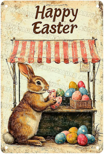 Metal Tin Sign Happy Easter Bunny Signs Vintage Wall Art Decor For Backyard Home Living Room Easter Garden Vintage Wall 8x12Inch