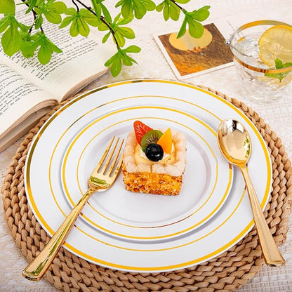 bUCLA 150PCS Gold Plastic Dinnerware Set Disposable - Heavy Duty Gold Plates Include 25 Dinner & 25 Dessert Plates,25 Forks,25 Knives,25 Spoons&25 Cups for Party&Wedding