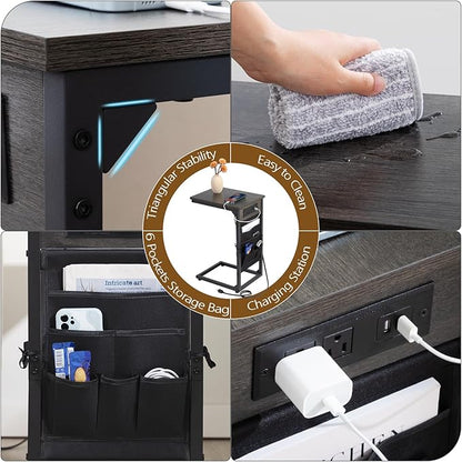 AMHANCIBLE Couch Table, C Shaped End Table with Charging Station, TV Tray Set of 2, Side Table with Storage for Couch, Dark Grey HET04CDG
