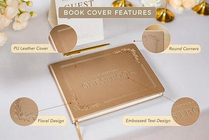 Floral Embossed Wedding Guest Book Set - 9 x 7.5 Hardcover Guestbook for Wedding Reception Sign in, Messages, Bridal Shower Engagement Party (Champagne Gold)