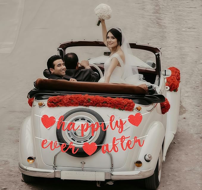 Pre-Strung Happily Ever After Banner - Red Glitter Bachelorette Bridal Engagement Party Decoration Supplies, Bachelorette Wedding Party Banner for Bridal Shower or Engagement Party Photo Booth Props
