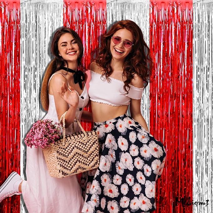 4 Pack 3.2Ft x 8.2Ft Red and Silver Fringe Curtain Backdrop, Metallic Tinsel Foil Fringe Streamers Curtains Background for Photo Booth Wedding Circus Welcome Carnival Birthday Party Decorations