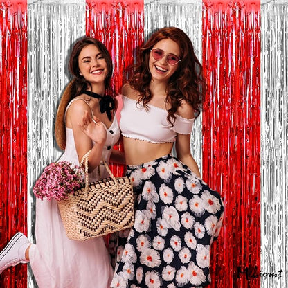 4 Pack 3.2Ft x 8.2Ft Red and Silver Fringe Curtain Backdrop, Metallic Tinsel Foil Fringe Streamers Curtains Background for Photo Booth Wedding Circus Welcome Carnival Birthday Party Decorations