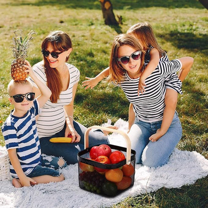 Zonon 4 Pack Picnic Harvest Baskets, 2 Size Metal Mesh Harvest Storage Basket with Foldable Wooden Handle, Rectangle Durable Vegetables Fruit Basket for Garden Bathroom Kitchen Organizing, Black