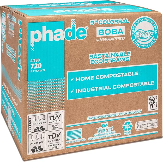 phade Eco-Friendly 9.0" Colossal Boba Straws for Shakes & Smoothies, Unwrapped, 720 Count (4 Pack) – Compostable, Plastic-Free, Marine Biodegradable, Made from PHA