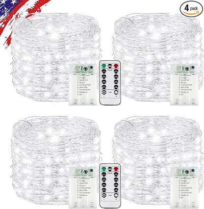 4 Pack White Fairy Lights Battery Operated with Remote, Waterproof 20FT 60LED Cuttable Twinkle Lights with Timer Indoor Outdoor, String Light for Bedroom, Classroom, Wedding, DIY, Christmas Décor