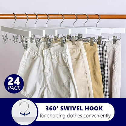 Amber Home 24 Pack White Wooden Pants Hangers with 2-Adjustable Clips for Jeans, Slacks, Shorts