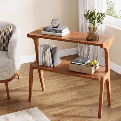 Tribesigns Solid Wood End Table, Modern Side Table for Couch, 2-Tier Narrow Tall End Table, Long Bedside Table for Living Room, Bedroom, Walnut
