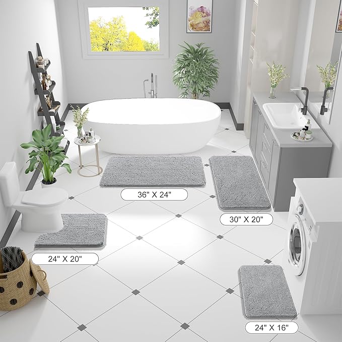 OLANLY Bathroom Rugs 47x24, Extra Soft Absorbent Chenille Bath Rugs, Rubber Backing Quick Dry, Machine Washable Bath Mats for Bathroom Floor, Tub and Shower, Home Decor Accessories, Light Grey