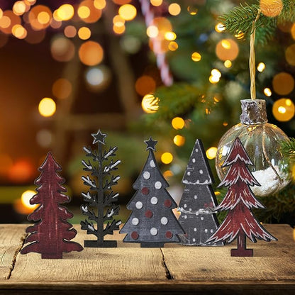 Smile 5 Pcs Wooden Blocks Christmas Trees Signs, Snow Tiered Tray Decorations, for Home Table Shelf.