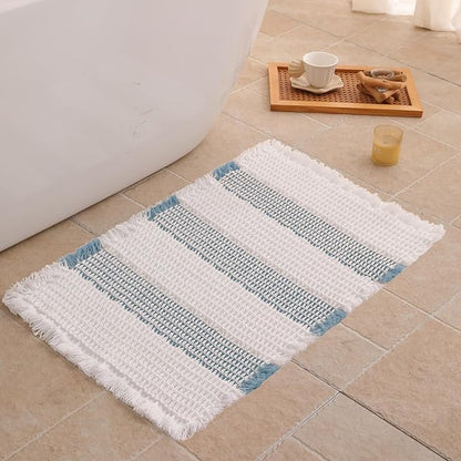 Waffle Bath Mat Non Slip, Boho Bathroom Rug, Super Absorbent Quick Dry Bathroom Mat, Soft Farmhouse Bath Rug with Tassels, Small Washable Shower Mats for Floor 16"x24", White and Blue