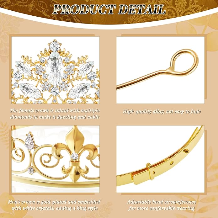 Juexica 6 Pieces Prom King Crown Metal Baroque King and Queen Prince Princess Crystal Headband Tiara Crown Wedding Bridal Accessories for Women Men
