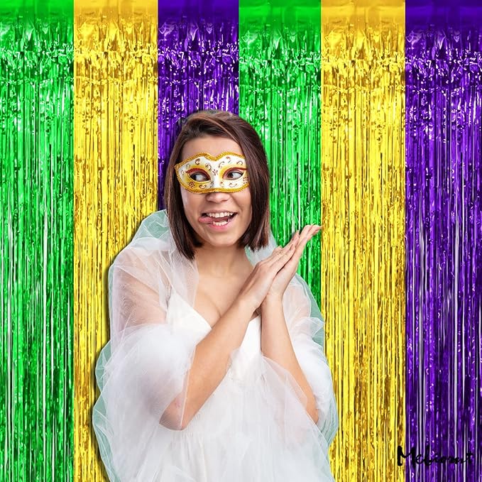 4 Pack 3.2Ft x 8.2Ft Mardi Gras Fringe Curtain Backdrop, Gold Green Purple Metallic Tinsel Foil Fringe Streamers Curtains Background for Photo Booth Birthday Wedding Carnival Party Decorations