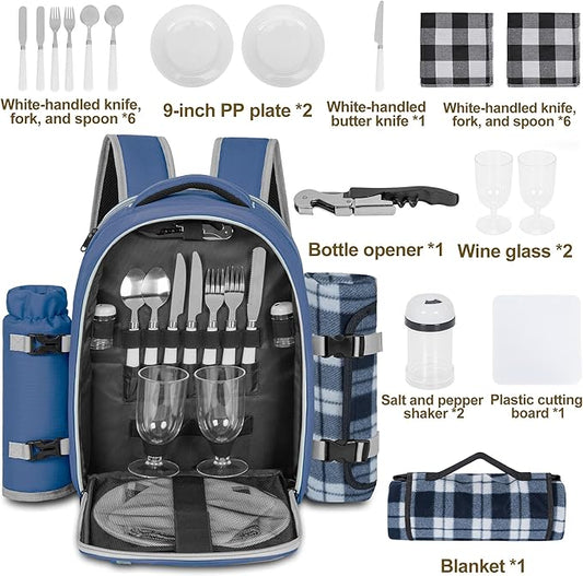 Picnic Backpack for 2 Persons with Insulated Leakproof Cooler Compartment, Cutlery Sets, Wine Holder, Fleece Blanket, Wedding Gifts for Couples, Perfect for Beach, Camping, Hiking, Blue