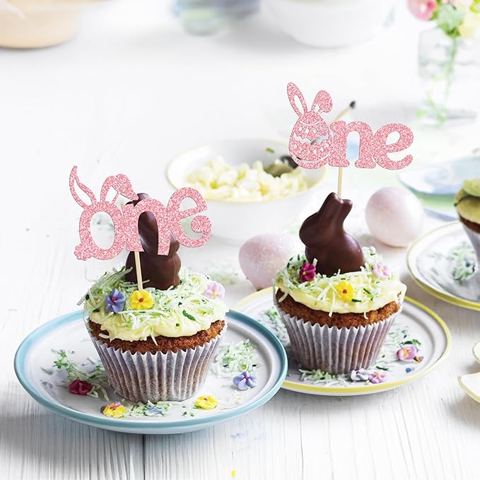 Ephlyn 24 Pcs Pink Glitter Cupcake Toppers - Happy Easter & Birthday Cake Decorations for Spring Parties