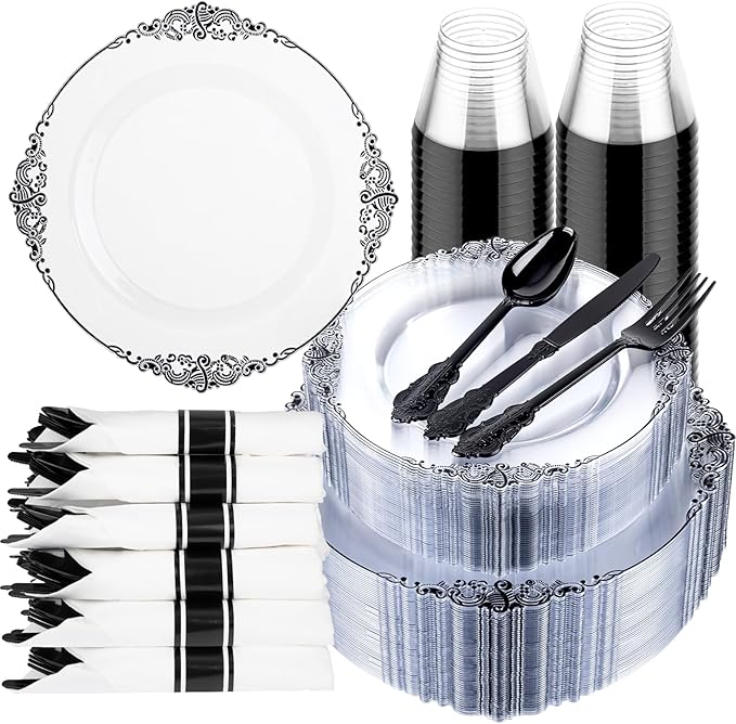 Hioasis 350pcs Clear Black Plastic Plates - Elegant Disposable Dinnerware Set Suitable for 50 Guests Include 10.25" Dinner & 7.5" Dessert Plates, Pre Rolled Silverware Set, Cups for Party & Wedding