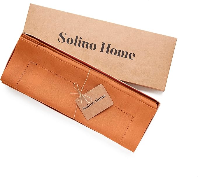 Solino Home Linen Placemats Set of 4 - Classic Hemstitch Pumpkin Placemats 14 x 19 Inch - 100% Pure Linen Table Mats for Fall, Autumn, Holiday