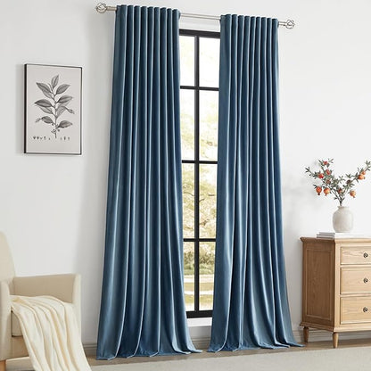 PRIMROSE Velvet Curtains 84 inch Long for Living Room,Set of 2 Panels Stone Grayish Blue Blackout Rod Pocket Back Tab Window Treatment Room Darkening Heavy Decorative Curtains Drapes for Bedroom