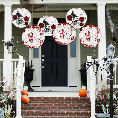 6PCS Hanging Halloween Party Decorations with Lantern, Crow, Skull, Blood Print Pattern, Indoor and Outdoor Horror Home Decoration -12 inches