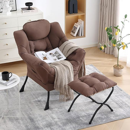 LITA Lazy Chair with Ottoman, Modern Accent Leisure Upholstered Sofa Chair, Contemporary Lounge Reading Chairs with Armrests and a Side Pocket for Living Room, Bedroom & Small Space, Dark Brown