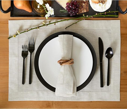 Solino Home Linen Placemats Set of 4 - Classic Hemstitch Light Natural Placemats 14 x 19 Inch - 100% Pure Linen Table Mats for Fall, Autumn, Christmas, Holiday, New Year