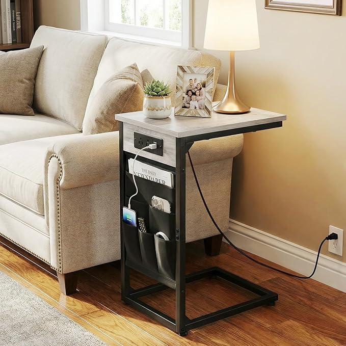 AMHANCIBLE C Shaped End Table with Charging Station, TV Tray Set of 2, Couch Tables with Storage Bag, Slide Under Sofa Side Table with USB Ports and Outlets for Living Room, Grey HET04CGY