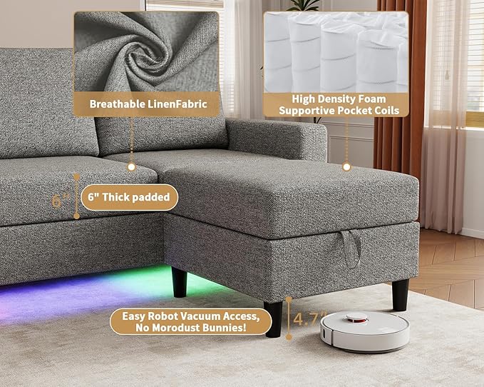 Smart Sectional Couches for Living Room, 6 Seat U/L Shaped Sectional Sofa with RGB Light/Charging, Modern Living Room Furniture for Apartments/Office/More (Light Gray)