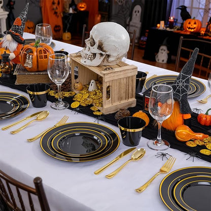 WELLIFE 600 PCS Black and Gold Disposable Dinnerware Set for 100 Guests, Gold rimmed Plastic Dinner Plates,Salad Plates,Cups,Silverware Set for Party Supplies and Halloween Party