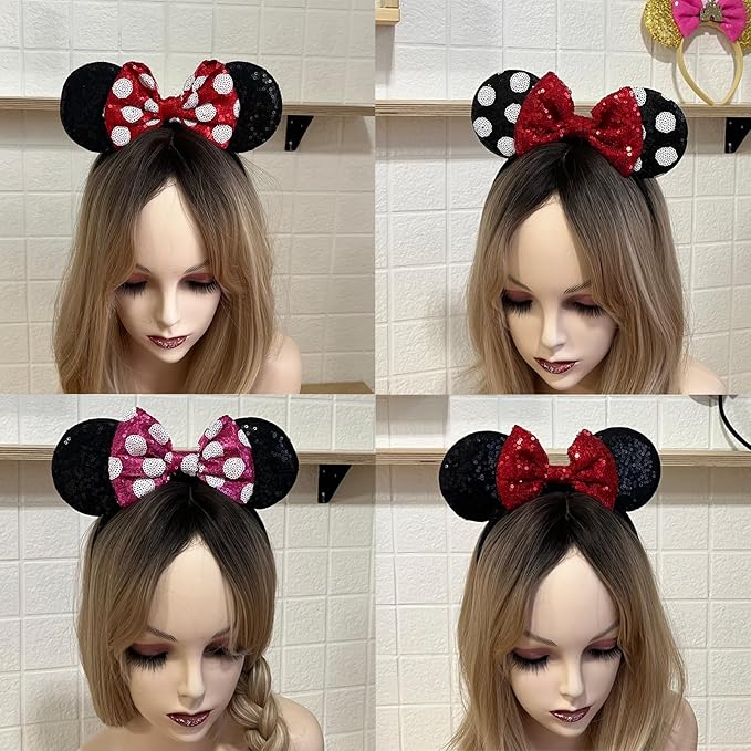 ASAHEL Mouse Ears Headbands Fashion Shiny Bows Mice Ears Birthday Parties Themed Events (Rose red, Onesize)