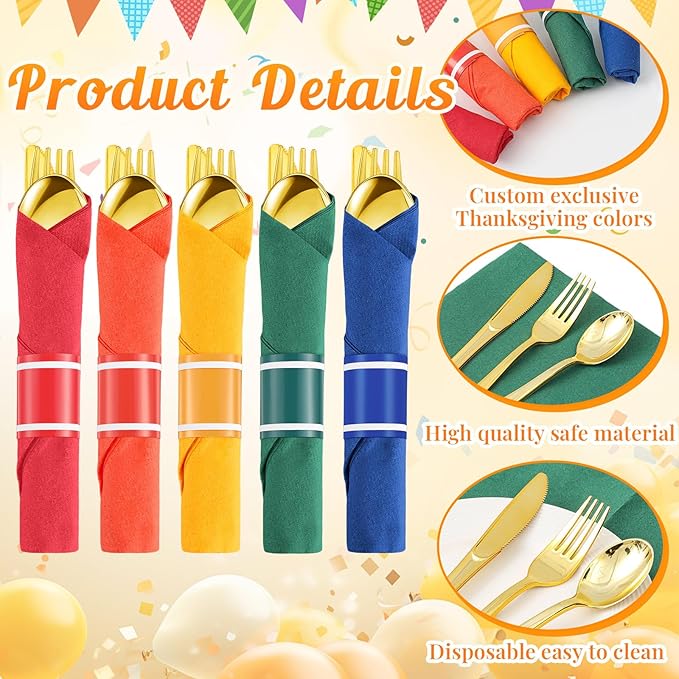 Lasnten 50 Pcs Pre-rolled Gold Plastic Silverware Set Colorful Disposable Plastic Cutlery Set with Napkins for Birthday Wedding Rainbow Mexican Party Outdoor Activity Gay Pride Party