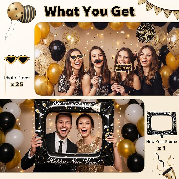New Year Party Favors 2026, 98PCS Happy New Year Decorations & New Years Eve Party Supplies Set with Headbands, Glasses, Hats, Noise Makers, Photo Booth Props, Frame, Black Gold Party Kit