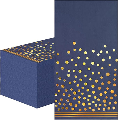 100 Pcs Blue Paper Napkins Disposable - Blue Gold Dot Party Napkins Navy Blue Dinner Napkins for Wedding Anniversary Birthday Bathroom Party Supplies