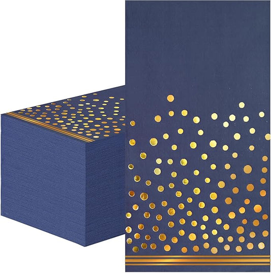 100 Pcs Blue Paper Napkins Disposable - Blue Gold Dot Party Napkins Navy Blue Dinner Napkins for Wedding Anniversary Birthday Bathroom Party Supplies