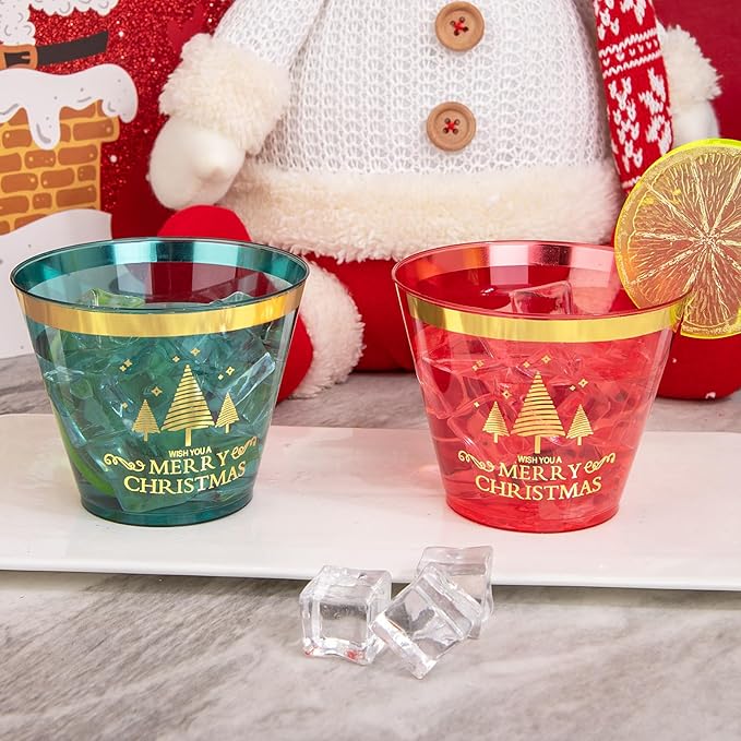 I00000 60PCS Merry Christmas Party Cups - Christmas Disposable Cups 9 Oz Green Party Cups Wine Glasses Gold Rim Clear Plastic Cocktail Cups Tumblers Drinking Cups for Xmas Parties
