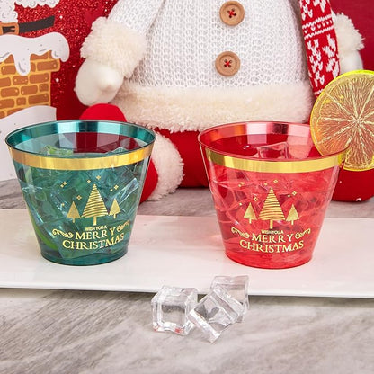 I00000 60PCS Merry Christmas Party Cups - Christmas Disposable Cups 9 Oz Green Party Cups Wine Glasses Gold Rim Clear Plastic Cocktail Cups Tumblers Drinking Cups for Xmas Parties