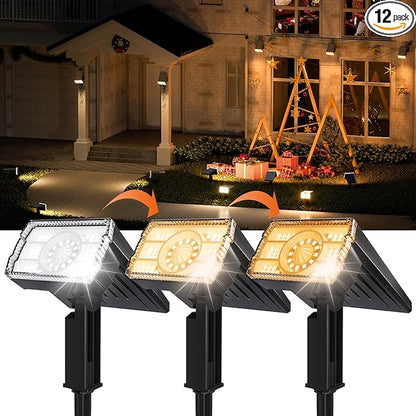 12 Pack Solar Spotlights Outdoor Waterproof IP67,Adjustable Wall&Ground Solar Lights Powered with 3 Colors, 3 Modes, Dusk to Dawn for Pathway/Garden/Yard/Patio/Driveway/Landscape Lighting Outside