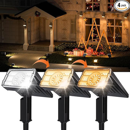 Solar Spotlights Outdoor Waterproof IP67,4 Pack Adjustable Wall&Ground Solar Lights Powered with 3 Colors, 3 Modes, Dusk to Dawn for Pathway/Garden/Yard/Patio/Driveway/Landscape Lighting Outside Décor