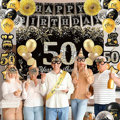 50th Birthday Decorations,39pcs-50th Birthday Decorations for Men & Women,Black Gold 50th Birthday Eyeglasses Decorations Banner Balloons Backdrop Hanging Swirls Paper Fans ,1975 Banner Party Supplies