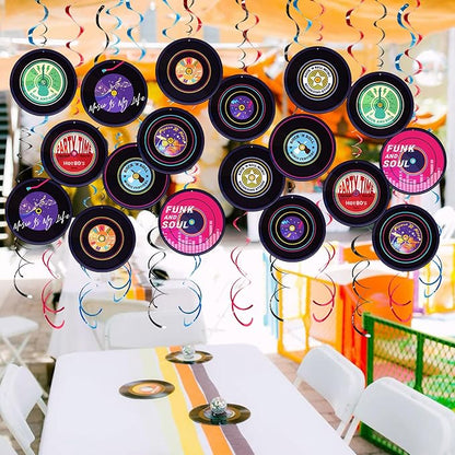 Rock and Roll Record Party Hanging Swirls, 48 Pcs, Music Theme Disco Party Decorations, Vinyl Record Design for 90s Or 50s Style Rock Music Dj Party Supplies, Black and Multicolor