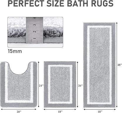 Pauwer Bathroom Rug Set 3 Piece, Non-Slip Absorbent Bath Mats, Microfiber Soft, Absorbent Plush Shaggy Carpets Includes U-Shaped Toilet Mat for Bath Floor, Shower, Light Grey